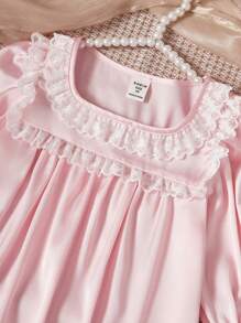 Young Girls Light Pink Minimalist Lovely Knitted Round Neck Contrast Lace Nightgown Loungewear - Baby Pink - View 2