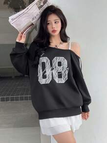 INAWLY Sudadera holgada de punto con cuello asimétrico, encaje bordado, suelta para fiestas de otoño/invierno