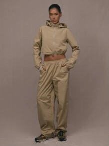 MUSERA Elastic Waist Shell Trousers 90's Summer Casual Cute Summer - Khaki - View 3