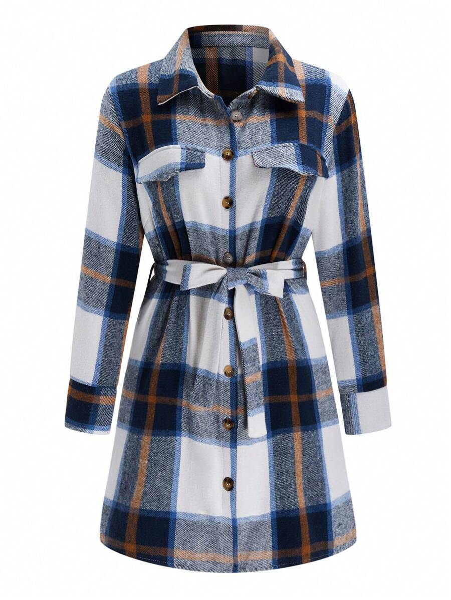 SHEIN LUNE 大码女式秋季长袖单排扣休闲衬衫裙 - 彩色 - 查看 1