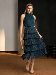 MOTF Soiréza GLITTER SOLID PLISSE LAYERED RUFFLE HEM HALTER NECK DRESS WITHOUT BELT - Dark Green - View 4