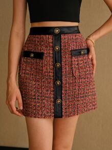 MOTF STUDIO TWEED PLAID CONTRAST TRIM BUTTON DETAIL SKIRT
