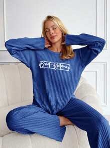 EURMUSE 100%Cotton Letter Printed Knitted Ribbed Homewear Set - Royal Blue - View 3