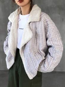 FRIFUL Women Fluffy Patchwork Long Sleeve Simple Jacket, Casual Wear,Fall Women Clothes Plaid Women Coats - Apricot - View 4