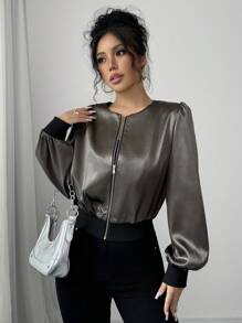 SHEIN Unity Women's Solid Color Splicing Front Zipper Long Sleeve Casual Jacket Fall Cloth For Women - Green - View 4