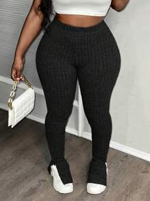 Slaydiva Casual Ribbed Knit Elastic Waist Slit Hem Flare Leg Pants - Black - View 3