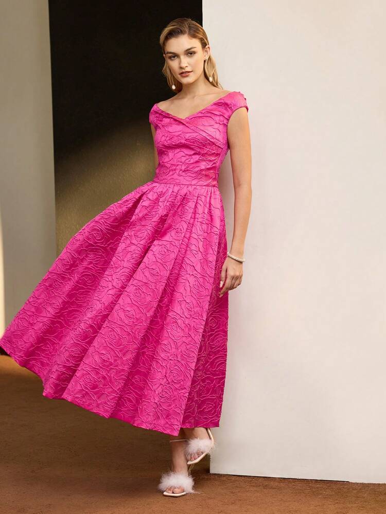 SOLID JACQUARD SWEETHEART NECK FLARE HEM COCKTAIL DRESS WITHOUT BELT