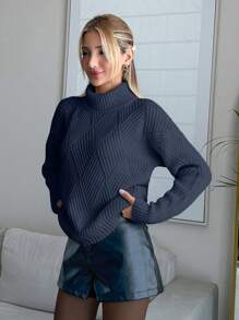 EURMUSE Women Solid Color Diamond Pattern Turtleneck Pullover - Grey - View 7