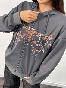 SHEIN Unity 女士休闲字母印花拉链抽绳连帽卫衣，适合秋季户外活动套头衫 - 灰色 - 查看 7