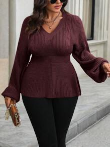 SHEIN LUNE Plus Size V-Neck Solid Color Pullover Long Sleeve Sweater, For Winter Knit Pullover Fall Outfit