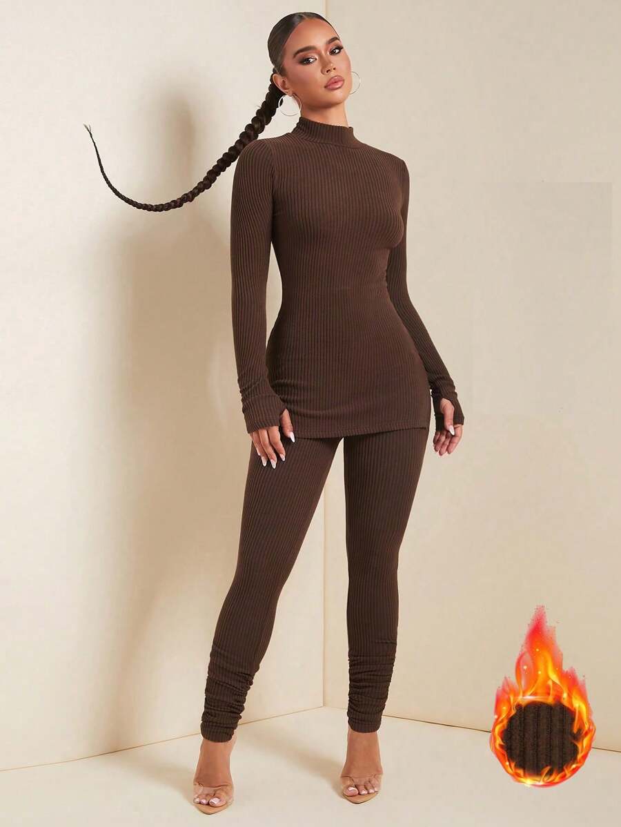 SHEIN SXY 秋季女装，两件套纯色立领长袖上衣和裤子保暖抓绒套装，西装，运动服，棕色套装 - 咖啡棕 - 查看 1