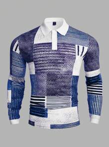 Manfinity Homme 男式纯色前扣长袖休闲 Polo 衫 - 藍色 - 查看 3
