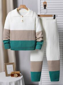 SHEIN 2pcs Set: Tween Boy Casual Chic Polo Collar Contrast Striped Polyester Sweater And 7/8 Jogger Pants, Suitable For Outdoor Sports And Shopping, Autumn/Winter - Multicolor - View 1