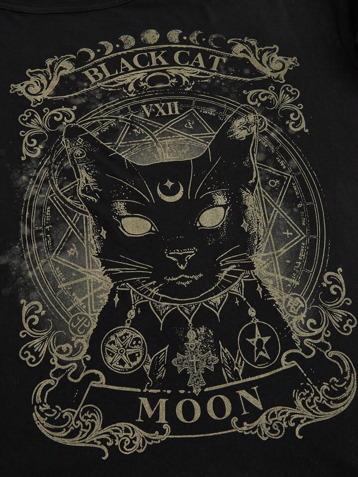 Our Goth Plus Size Casual Black Cat Printed Loose Drop Shoulder T