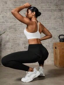 SHEIN Sports 纯色网眼撞色高腰无缝运动紧身裤 - 黑色 - 查看 8