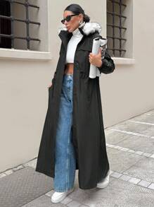 WOMAN BLACK OVERCOAT WITH FUR AND TEDDY LINING - Black - View 5