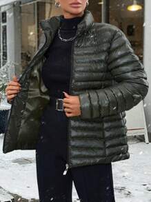 EURMUSE Petite Women's Warm Zip-Up Stand Collar Cotton Padded Coat For Winter - Khaki - View 7