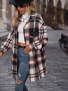 SHEIN LUNE Women's Front Button Long Sleeve Pocket Plaid Casual Jacket, Simple Design