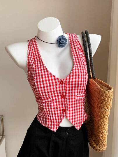 Comfortcana Women's Summer Plaid Single-Breasted Crop Tank Top For Casual Occasions Valentine's Day