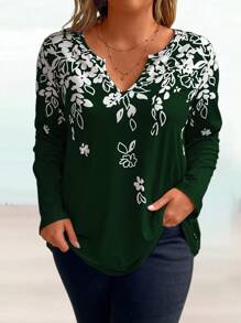 EMERY ROSE Áo thun dài tay cổ khoét lỗ in hình cây xanh cỡ lớn cho nữ, mùa xuân/thu - màu xanh lá - Xem 4