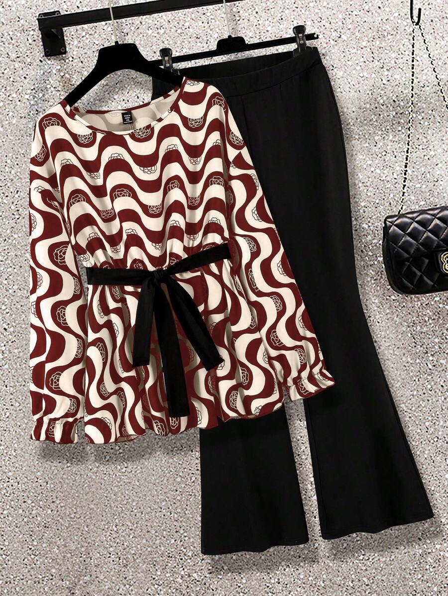 Celure Set de 2 piezas con blusa de cuello redondo de manga larga a rayas onduladas y pantalones casuales para mujer talla grande, otoño