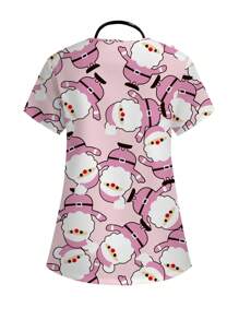 PopScrub V-Neck Santa Claus Allover Print Patch Pocket Short Sleeve Nurse Scrub Uniform Top, For Christmas - Pink - View 2
