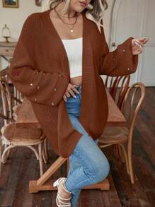 SHEIN LUNE 大码休闲简约长袖开衫 - 咖啡棕 - 查看 7