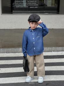 SHEIN 2pcs/Set Young Boy Casual Denim Effect Shirt And Loose Straight Leg Pants Outfit, Suitable For School & Daily Wear, Autumn/Winter - Multicolor - View 1