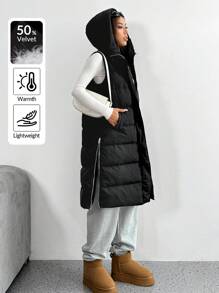 SHEIN EZwear Women's New Solid Color Hooded Sleeveless Mid-Length Down& Feathers Vest With Pockets, Winter - Black - View 8