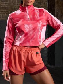 Easithlete Women's Tie-Dye Printed Zipper Stand Collar Long Sleeve Casual Sports Sweatshirt - Pink - View 3