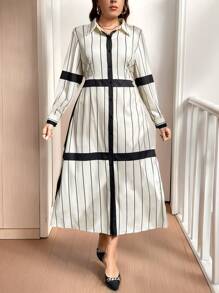 Calvaya 条纹拼色长袖收腰A字裙，秋冬法式优雅风