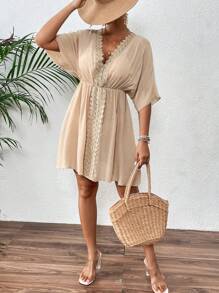 Swim Vcay 女士沙滩连衣裙 V领蕾丝拼接宽松沙滩罩衫 - 卡其色 - 查看 3