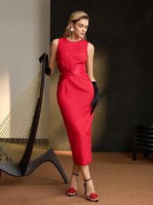 MOTF Soiréza SOLID JACQUARD CUTOUT TWIST WAIST SLIM FIT DRESS - Red - View 10
