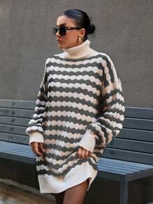 SHEIN Cottnline Knitwear Oversize Dress With Wavy Knit Pattern - Dark Grey - View 5