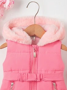 SHEIN 2pcs Baby Girls Hooded Sleeveless Belted Vest Outfit, Thick Warm Fashion Minimalist Style, New Autumn Winter Collection 2024