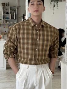 DAZY 男士前扣衬衫领长袖格子休闲上衣 - 棕色 - 查看 3