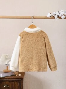 SHEIN 年轻男孩纯色拼布前扣长袖口袋简约夹克，休闲日常穿着 - 棕色 - 查看 2