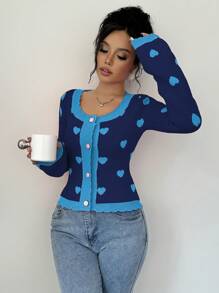 Elenzga 女士秋冬长袖单排扣修身开衫，配心形装饰 - 藍色 - 查看 4