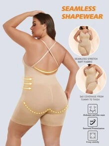 2pcs Plus Size Women's Seamless Camisole Jumpsuit Shapewear - Waist Cincher, Butt Lifter, Open Back Design - Apricot - View 2