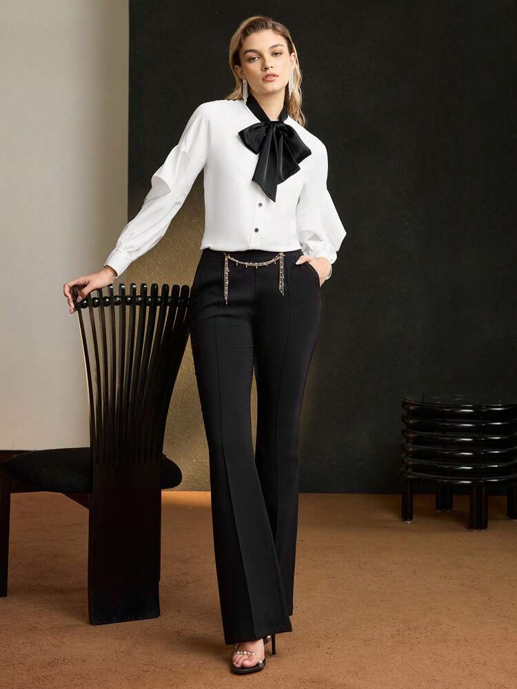 MOTF Soiréza CONTRAST TIE NECK CUTOUT RUFFLE TRIM LANTERN SLEEVE SHIRT