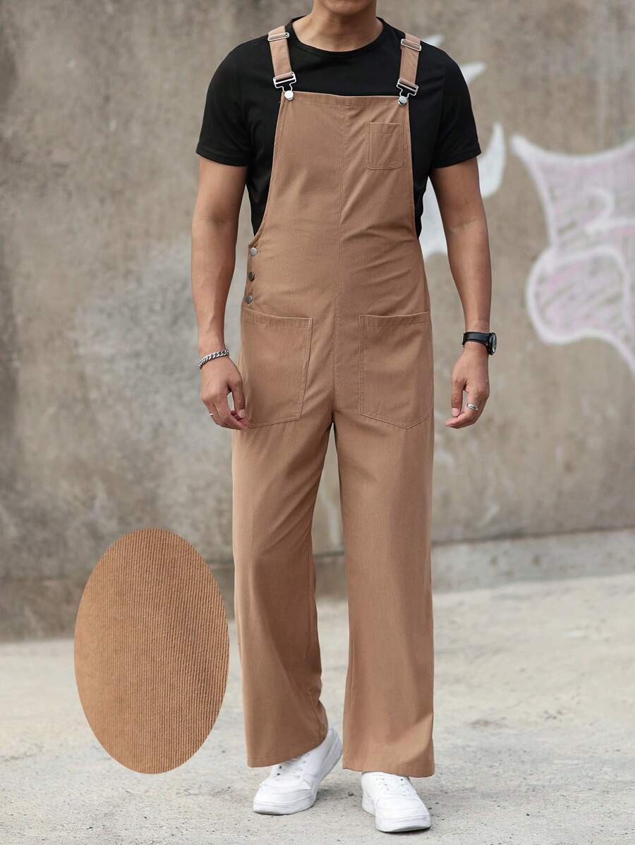 Manfinity Homme Men's Solid Color Cargo Pocket Casual Bib Overalls - Khaki - View 1