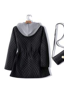 SHEIN LUNE 女士菱形图案绗缝夹克，收腰，修身，撞色黑灰色，休闲百搭，冬季服装 - 黑色 - 查看 2