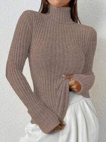 SHEIN LUNE Women's Casual Solid Color High Neck Ribbed Knit Slim Fit Sweater - Mocha Brown - View 4