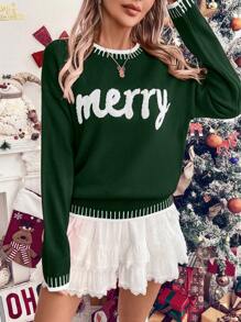 SHEIN LUNE Women Christmas Letter Graphic Ribbed Trim Round Neck Sweater, Casual For Everyday Wear, Autumn/Winter Knit Pullover Fall - Dark Green - View 7