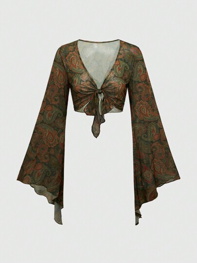 Hippie Women Bohemian Flare Sleeve Paisley Print Blouse