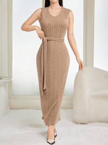 Modelyn 2 件套女士亲肤羊毛丝带吊带连衣裙，带长袖内搭 2 件套 - 卡其色 - 查看 7