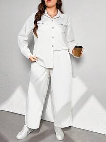 Calvaya 2 件宽松休闲 V 领长袖衬衫和长裤套装 - 白色 - 查看 5