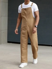 Manfinity Homme Men's Solid Color Utility Pocket Overalls With Suspenders - Khaki - View 1