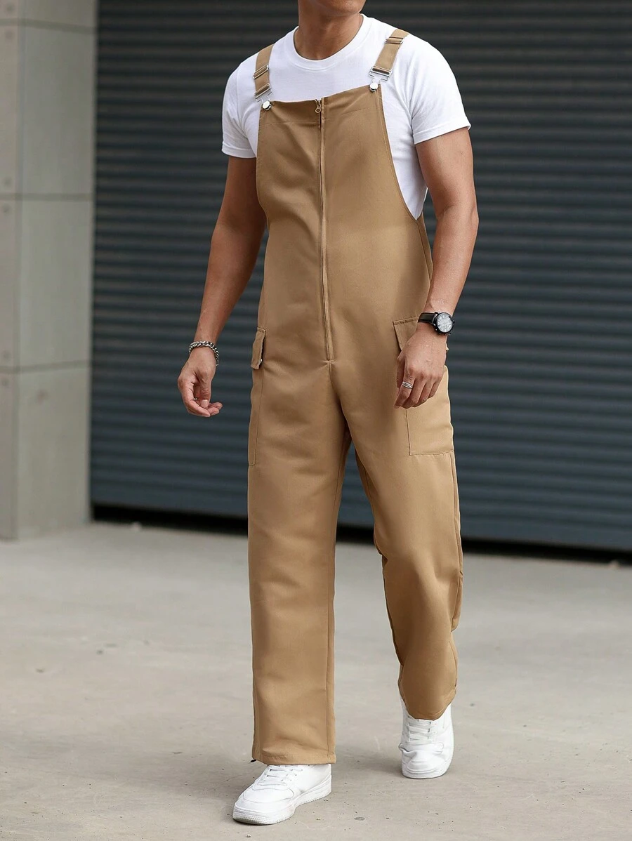 Manfinity Homme Men's Solid Color Utility Pocket Overalls With Suspenders - Khaki - View 1