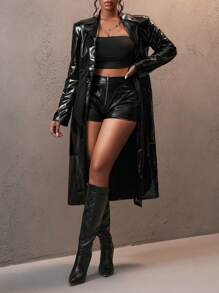 Slaydiva 2024 Thanksgiving Outfit Women Clothes, Women's Winter Clothes, Valentine's Day, Holiday, New Year Party Banquet Dance High Design Sense, Street All-Match Versatile Elegant Sexy Party Street Long Sleeve Black Shiny PU Leather Women Trench Coat - Black - View 11